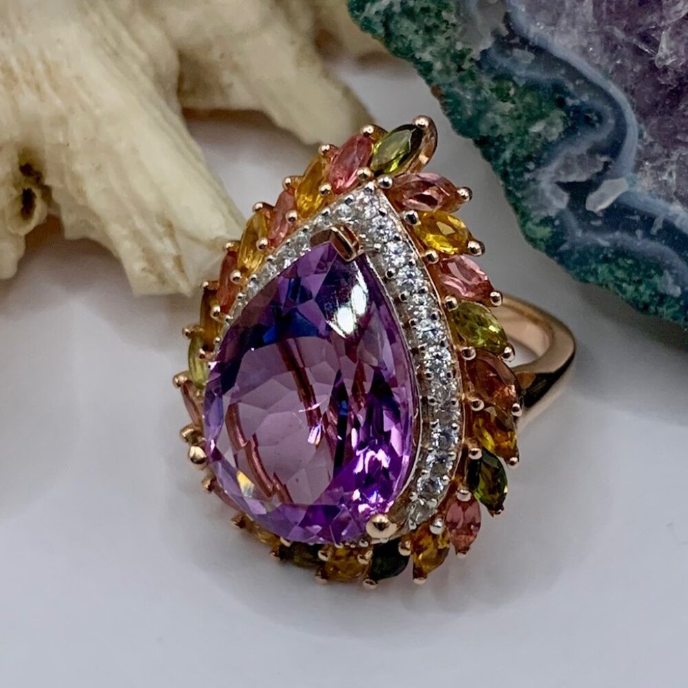Amethyst Zircon, Tourmaline 18K Rose Gold 925 D' Joy Halo Ring  Sz 5 J877